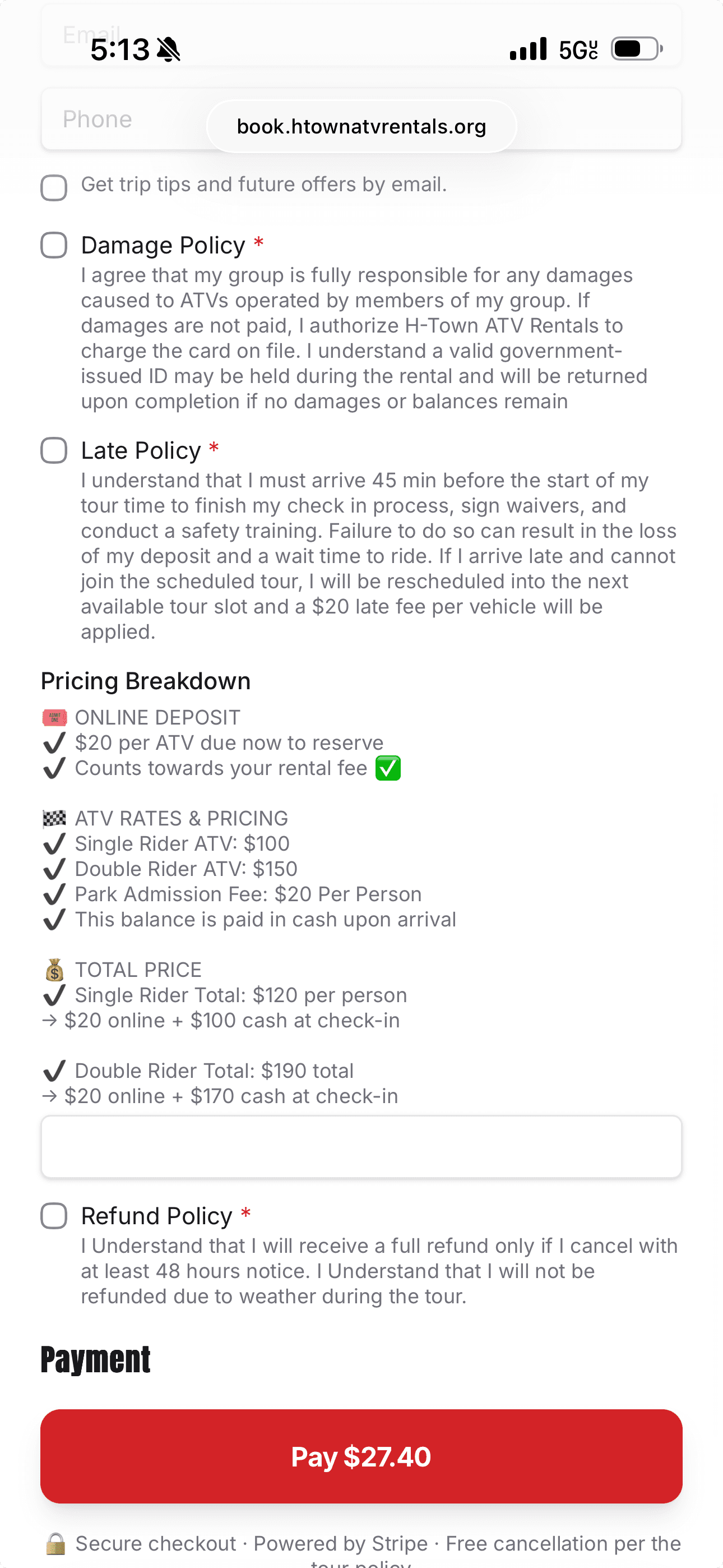 An operator's live booking checkout, showing policy acknowledgements and a pricing breakdown